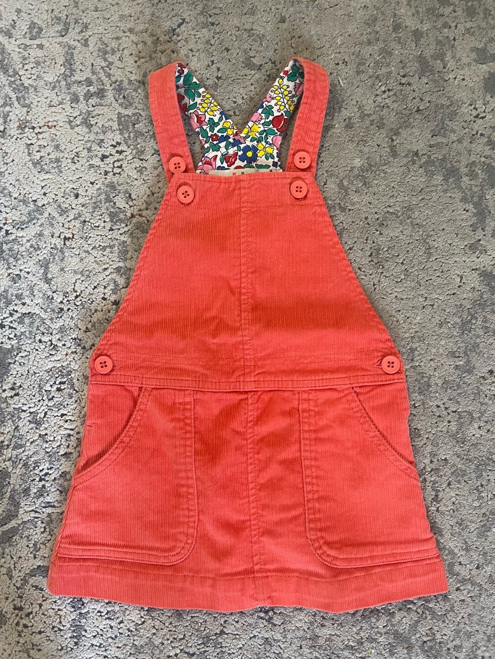 Mini Boden Coral Corduroy Overalls Dress with Floral Lining